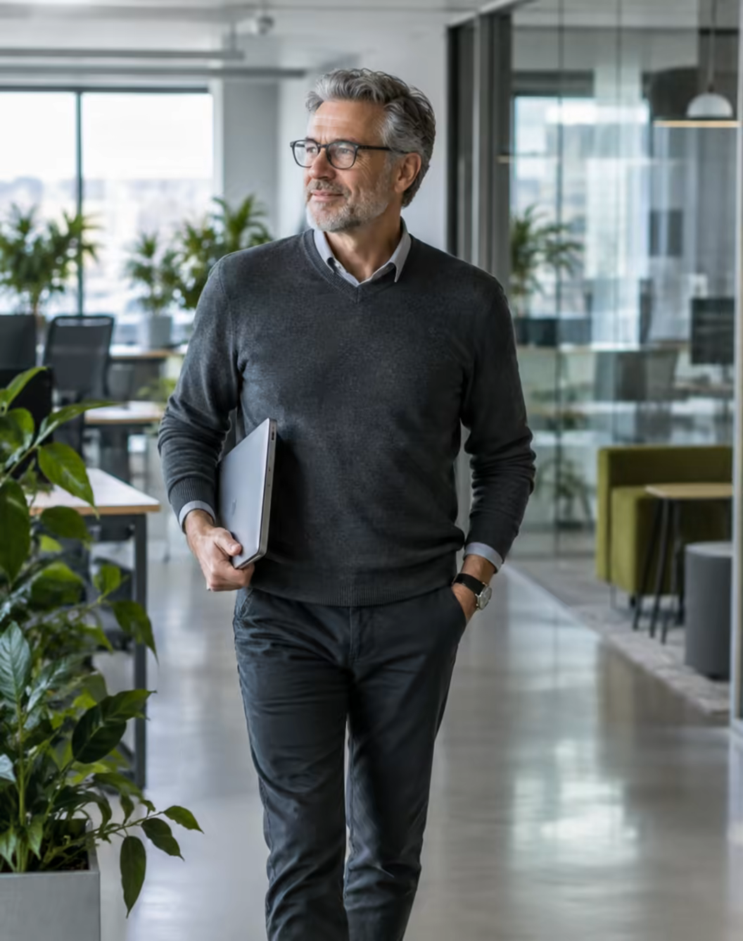 A Gridline engineer walking through a client office