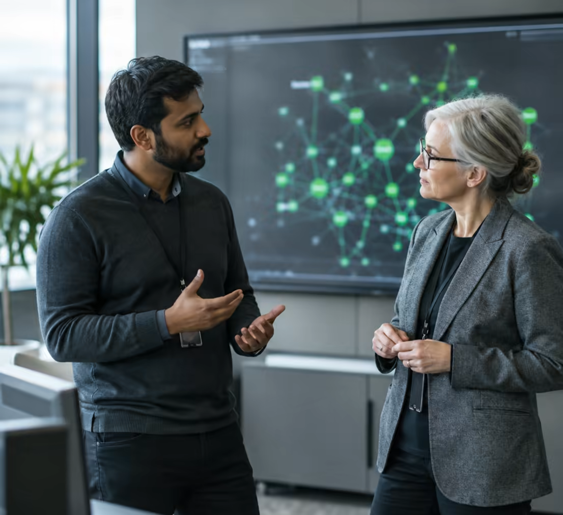 Two Gridline engineers in front of a network monitoring screen