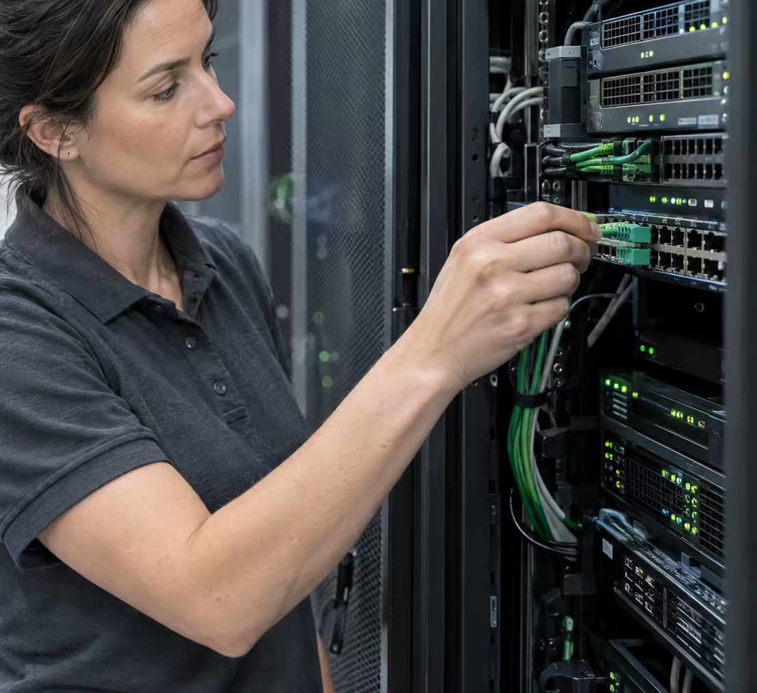 Backup drives in a client rack with green activity lights