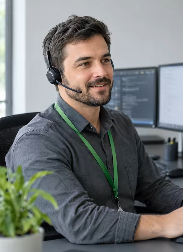 A Gridline IT support engineer on a call at the helpdesk